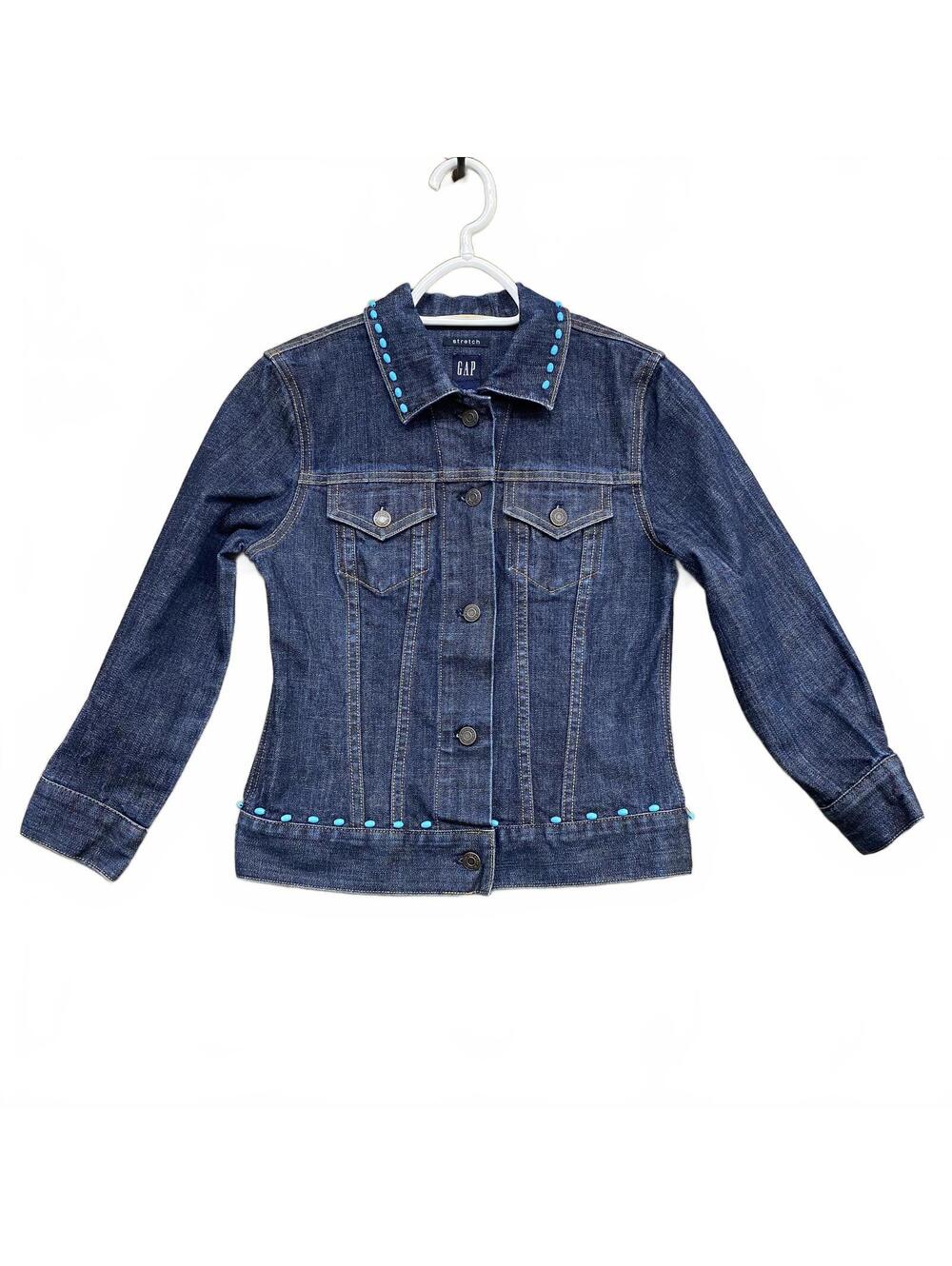 Vintage Y2K Gap Stretch Denim Jacket XS Beaded Turquoise Collar Floral Back Boho